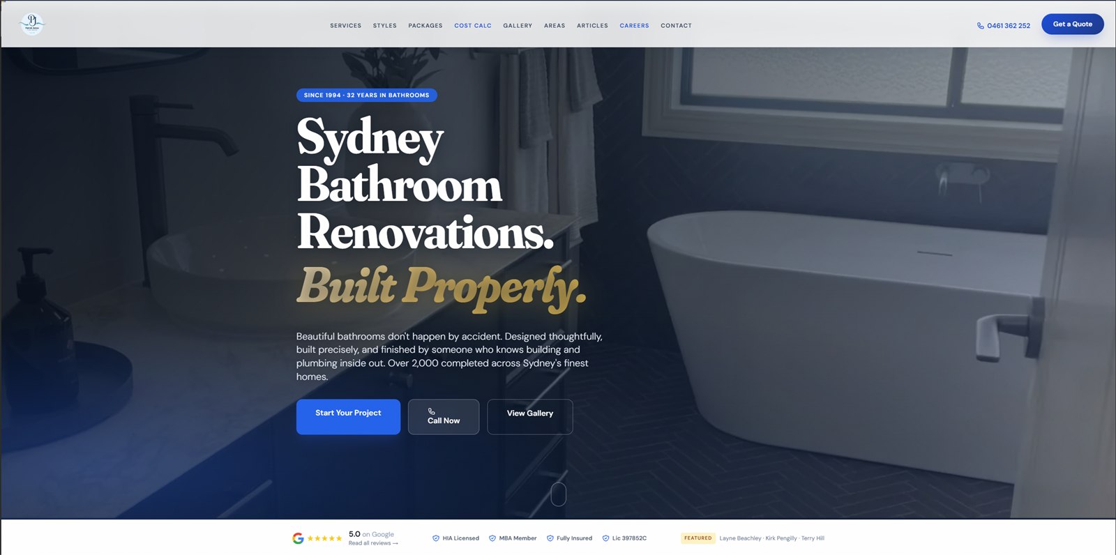 The rebuilt Patrick James Bathrooms homepage I designed and built